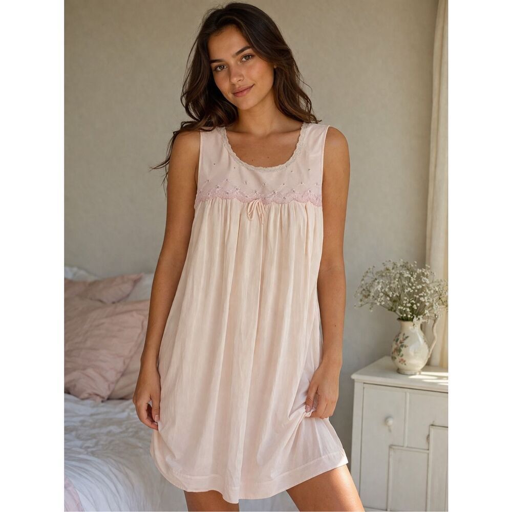 Vintage Komar Soft Pink Nightgown Sleeveless Lace Trim Approx Size L